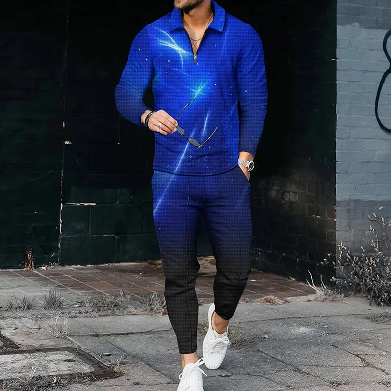 Men's Light Gradient Polo Shirt And Pants Two Piece Set