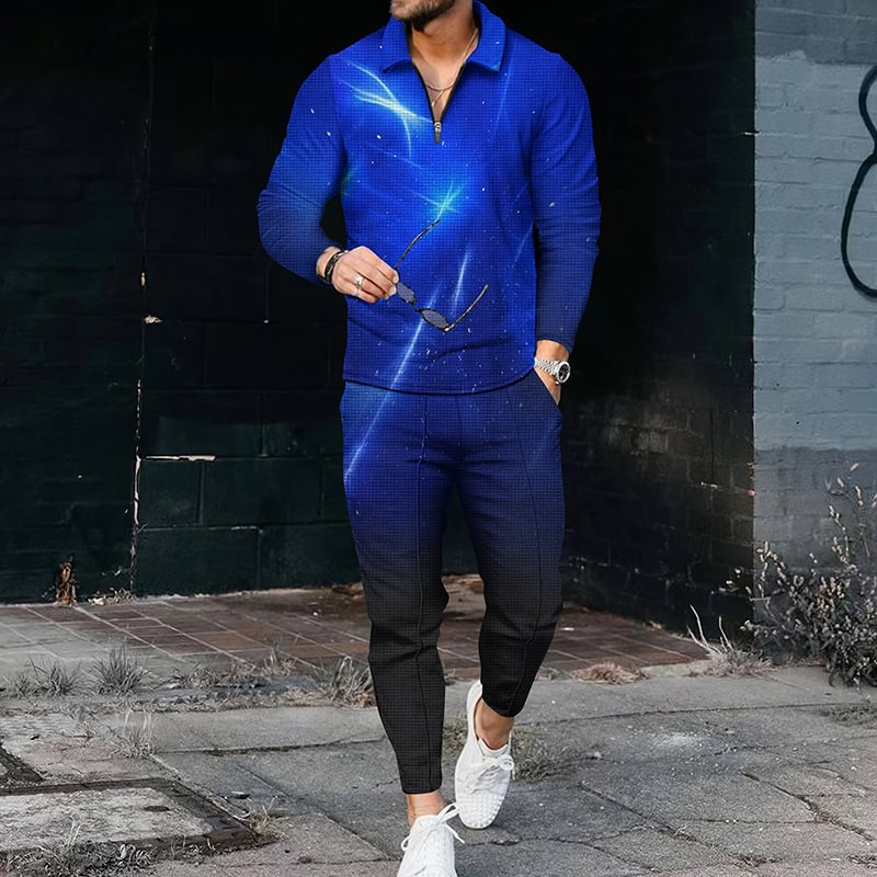 Men's Light Gradient Polo Shirt And Pants Two Piece Set