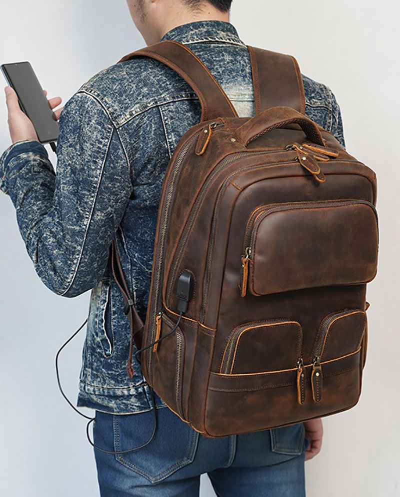 Outdoor Model Show of Leather Backpack