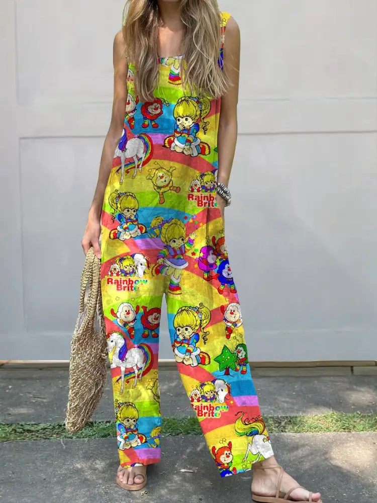 Vibrant Retro Style Rainbow Brite Pattern Printed Women's Casual 100% Cotton Wide Leg Jumpsuit