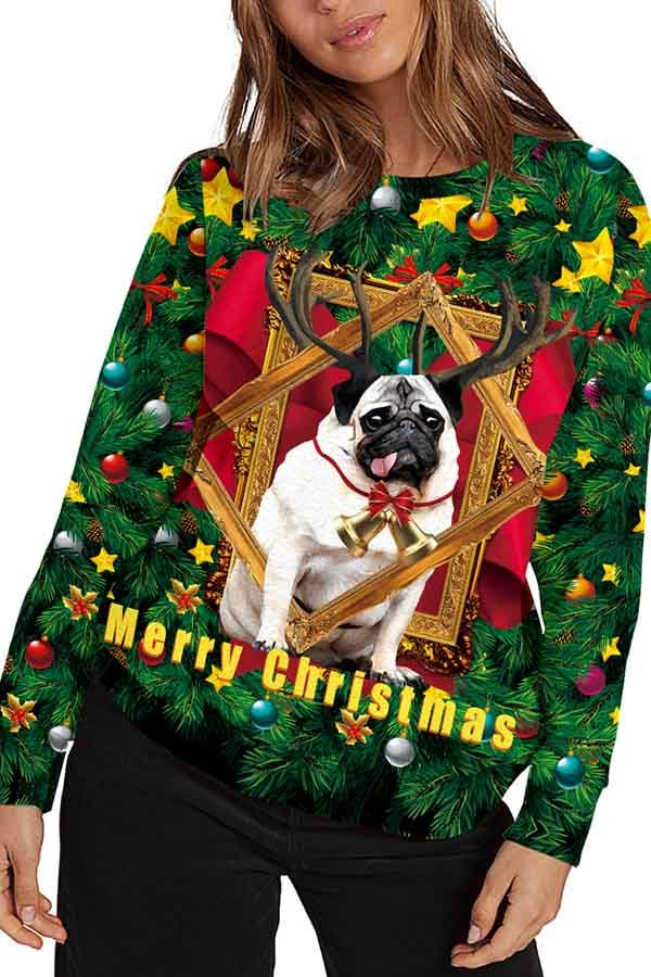Christmas Dog Print Crew Neck Pullover Sweatshirt Green-elleschic