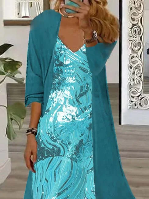 Women's Long Sleeve V-neck Graphic Printed Two Pieces Maxi Dress