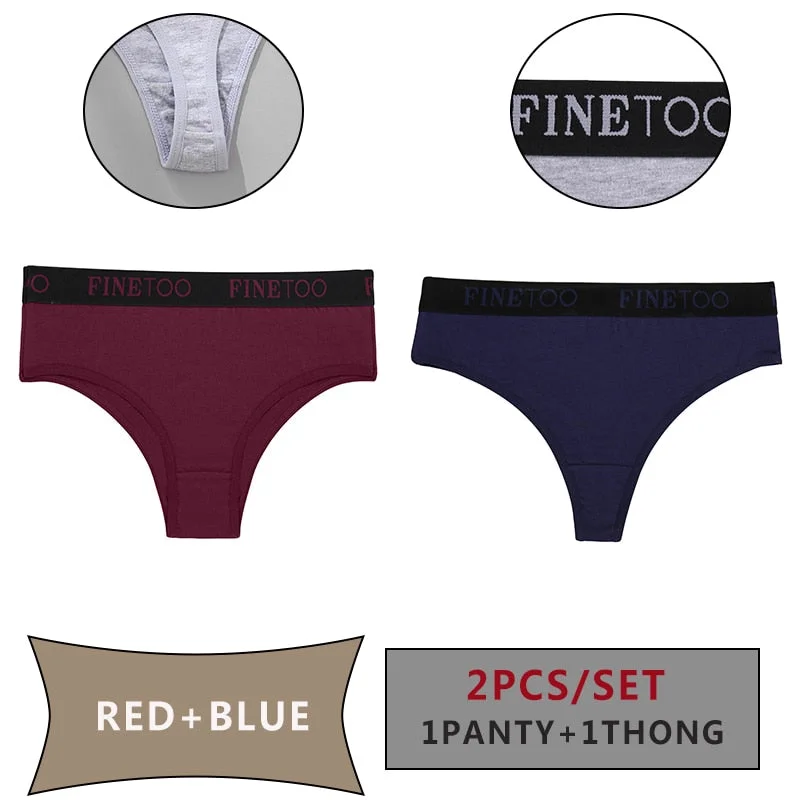 FINETOO 2PCS/Set Women Cotton Panties Sexy Letter Underwear Panty Thong Low Waisted 1Panty+1G-string Brief Tanga Lingerie Femme