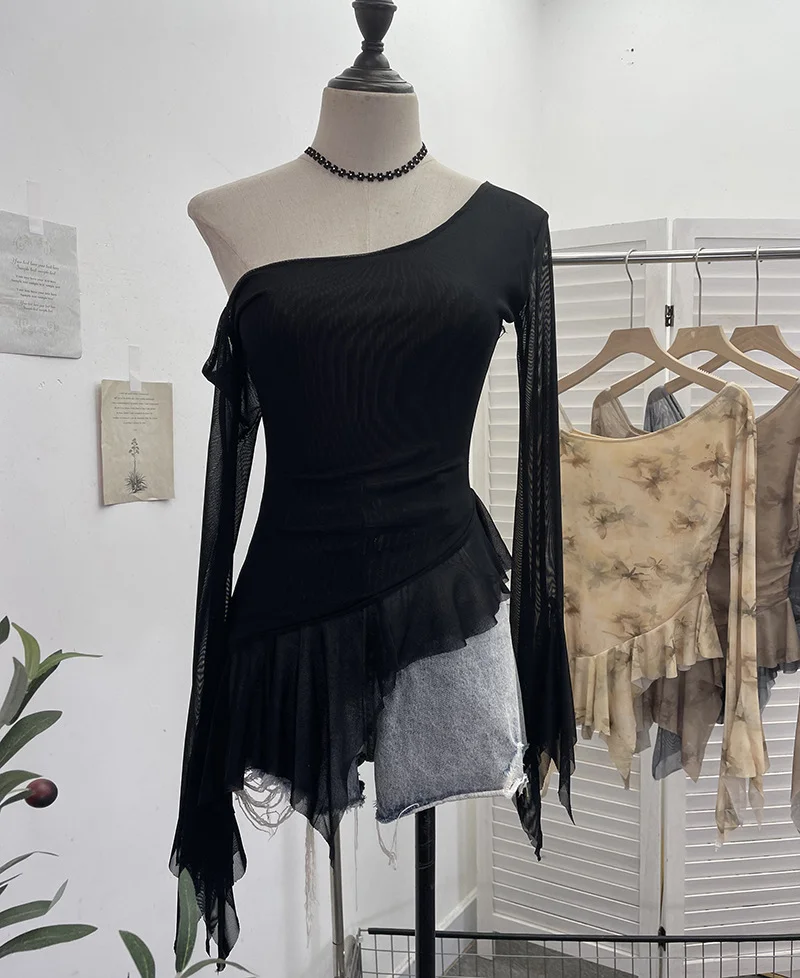 Uveng Tie Tie Net Yarn Oblique Shoulder Babes Sexy Body-On-Sleeve Horn Irregular Top 9955