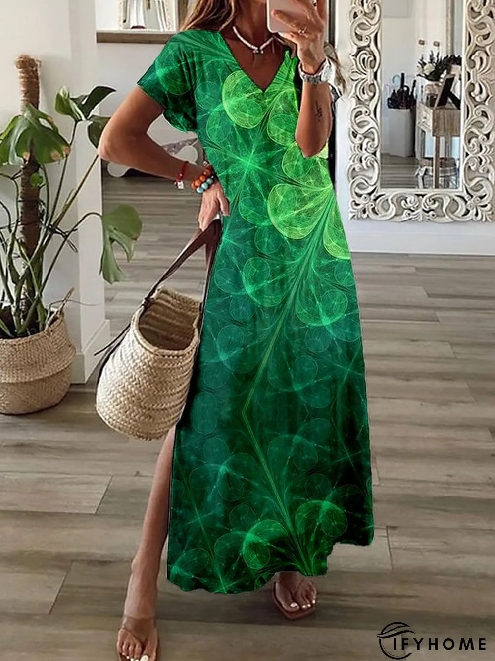 Women's St. Patrick Four Leaf Clover Long Dress Maxi Dress Casual Dress A Line Dress Print Dress Fashion Streetwear Daily Date Vacation Split Print Short Sleeve V Neck Dress Regular Fit White Light | IFYHOME