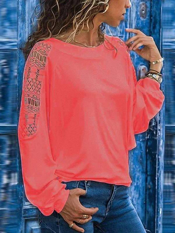 Round Neck Long Sleeve Lace Patchwork T-Shirts