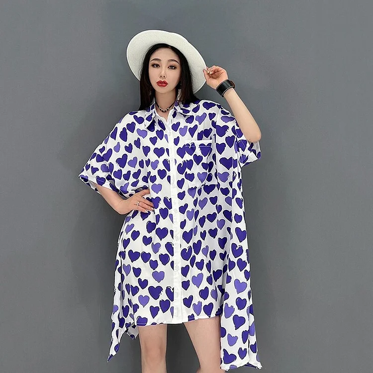 Contrast Color Lapel Heart Shaped Printed Batwing Sleeve Pocket Asymmetrical Dress            