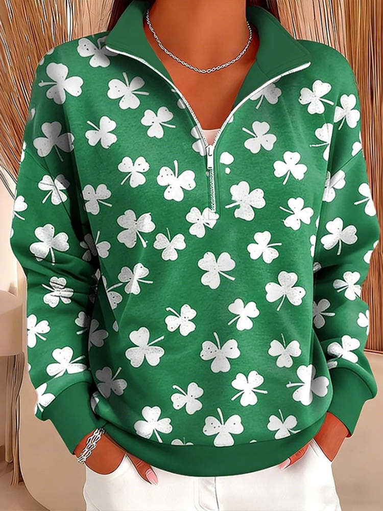 Comstylish Women's Vintage St. Patrick's Day Shamrock Print Casual Zip Up Sweatshirt