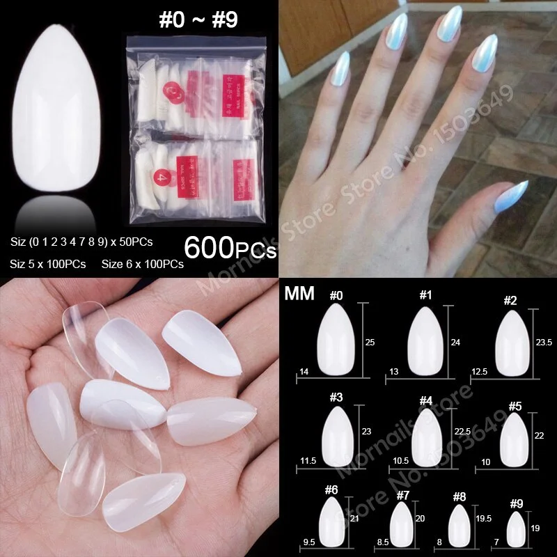 600 Pieces Per Pack Short Almond False Nail Tips 10 Sizes With Extra Nr 5 and Nr 6 Full Cover Fake Acrylic Nail Tips