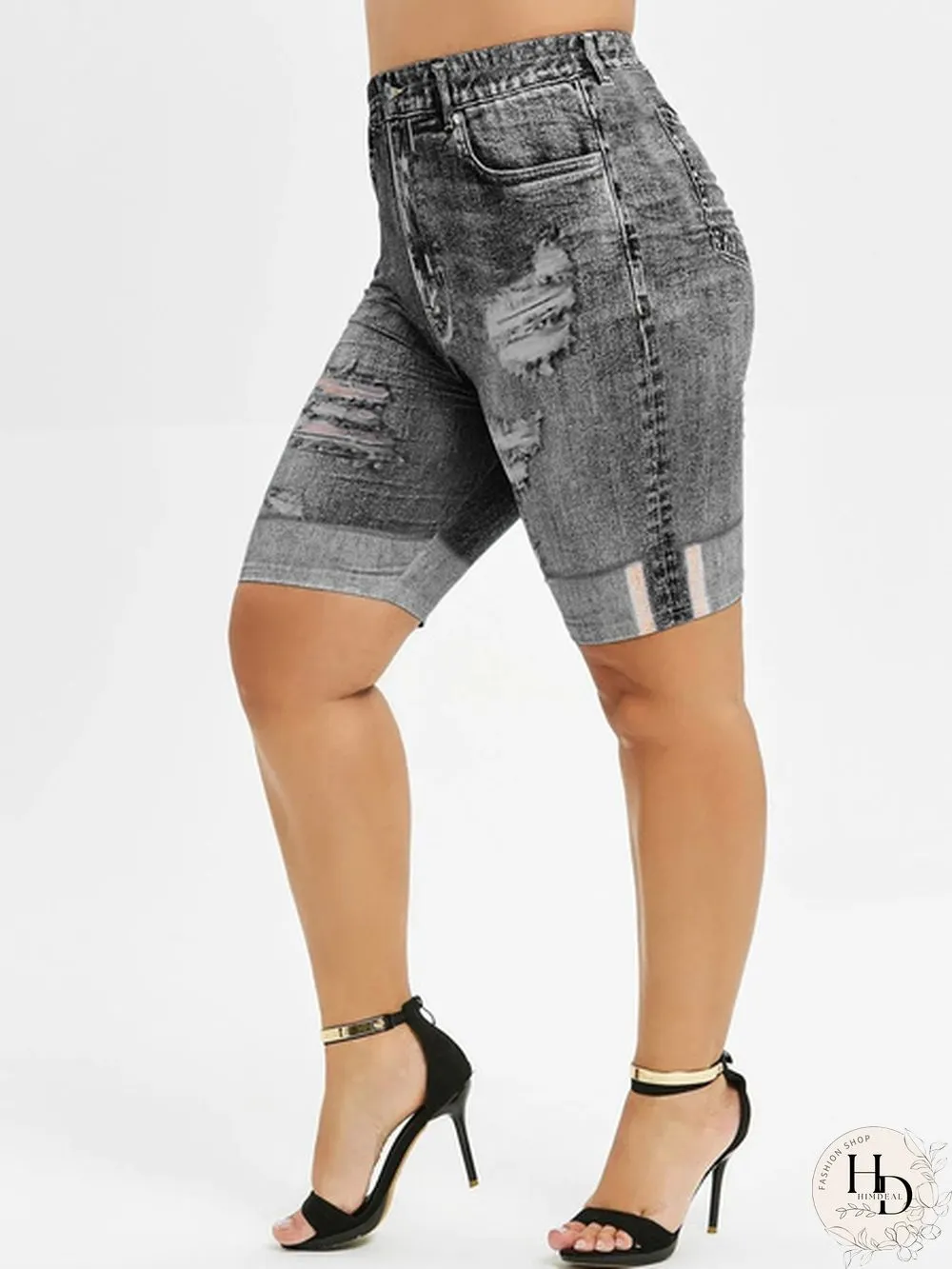 Plus Size Mini Leggings Faux Denim Pants Women Ladies Fashion Shorts Ripped Skinny Jean