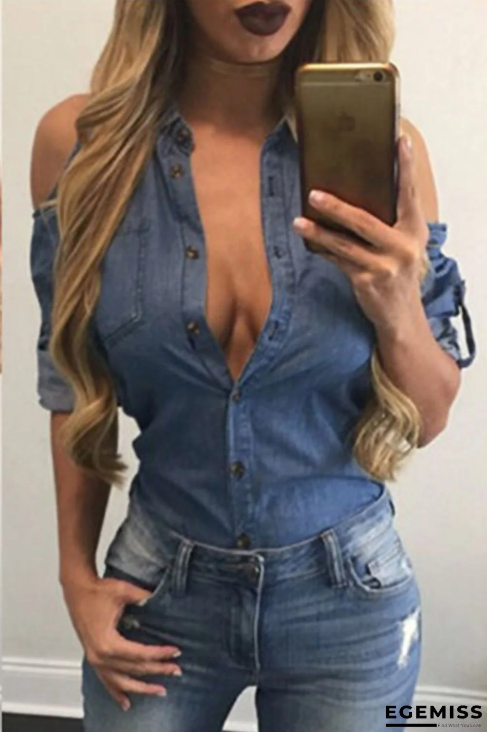 Deep Blue Casual Dew Shoulder Blouses | EGEMISS