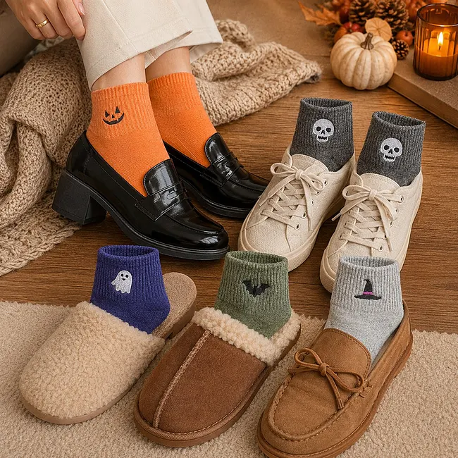 A woman wearing orange Halloween stockings and black loafers