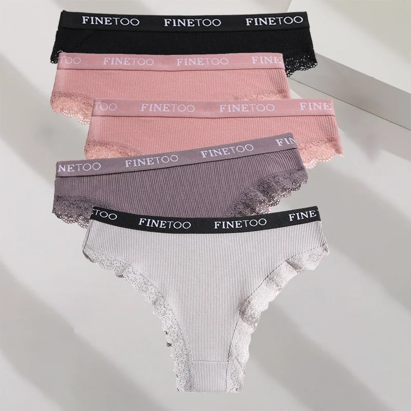 FINETOO 5PCS/Set M-XXL Cotton Panties Women's Letter Thong  Girls Brazilian Panty Sexy Lace Underwear For Woman Lingerie Bikini