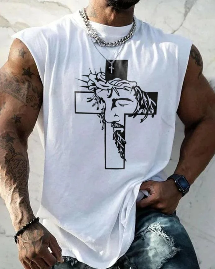 Men's Casual Cross Print Tank Top at Hiphopee