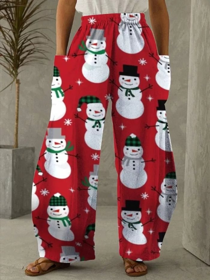 Christmas Red Snowman Print Vintage Casual Loose Pants