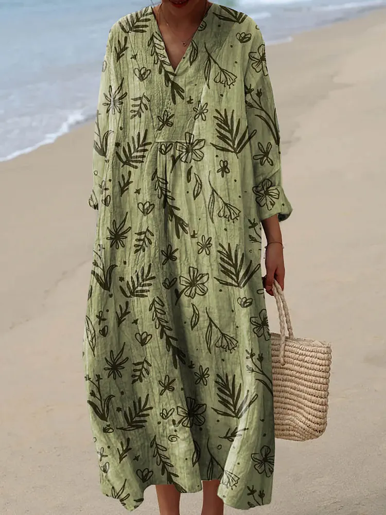 Women's Vintage Floral Art Print Cotton Dress
