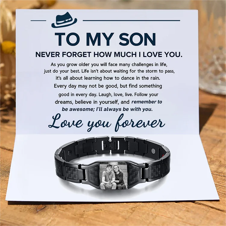 Personalized To My Son Carbon Fiber Energy Bracelet Gift Set, Custom Photo ID Bar Men's Bracelet Bangle Gifts For Son