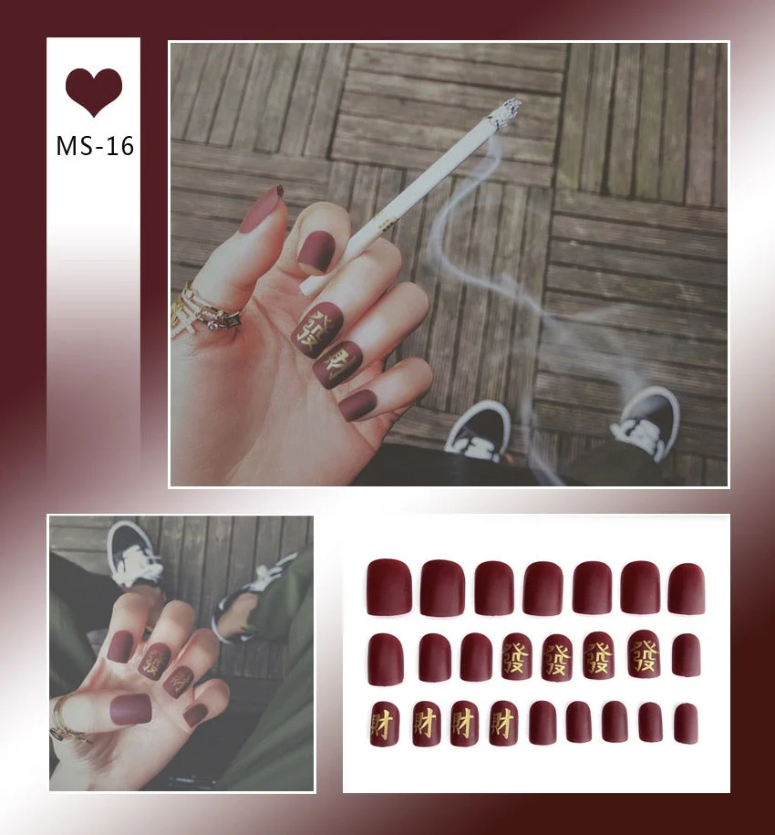 24pcs Matte False Nail Press On Nail With Glue Round Graffiti Fake Nail Manicure Nail Art Decoration  Nail Art Tools-Nail Inspo