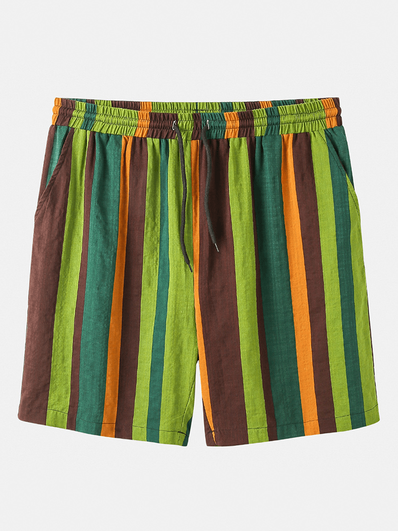 Mens Cotton Breathable Colorful Striped Drawstring Casual Shorts