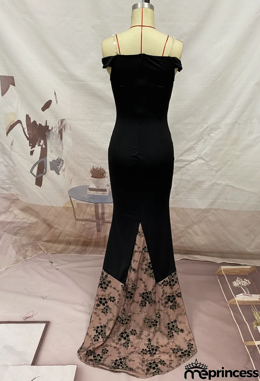 Women Summer Black Vintage Off-the-shoulder Sleeveless Floral Print Embroidery Mermaid Evening Dress