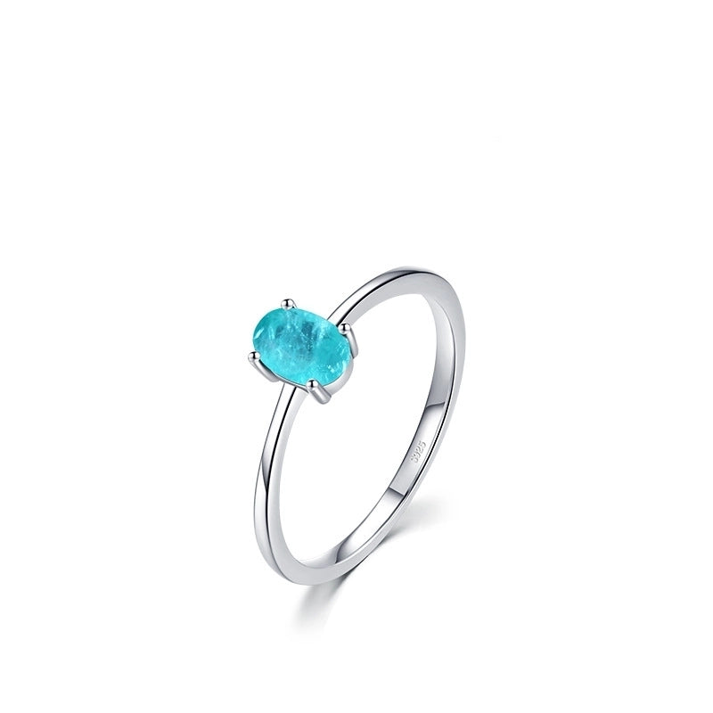 Simple S925 Sterling Silver Egg-shaped Imitation Paraiba Tourmaline Ring Female
