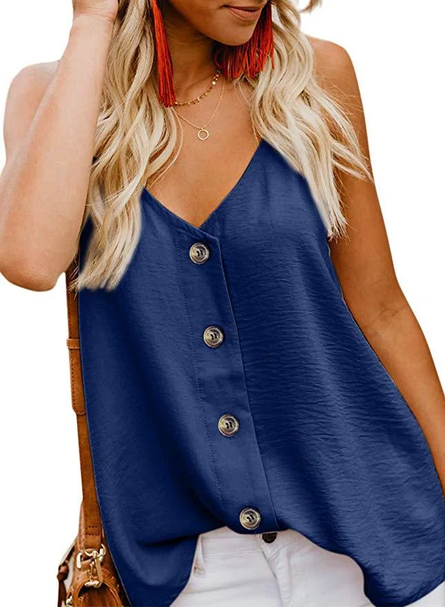 Summer Sexy Spaghtti Strap Blouse Women 2020 New Casual Tops Sleeveless Buttons Adjustable V-Neck Ladies Chiffon Blouses