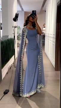 Women's Blue Shawl Sequined Mesh Dress