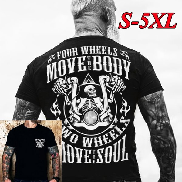 Four Wheels to Move the Body Two Wheels to Move the Soul T-shirt, Men's Skull Motorcycle Short Sleeved T Shirt - Shop Trendy Women's Clothing | LoverChic