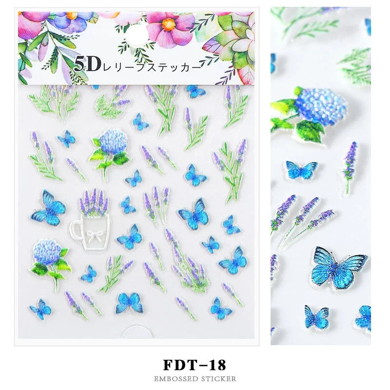 Nail Stickers Embossed 5D Flowers Leafs Designs Back Glue Nail Decals Decoration Tips For Beauty Salons-Nail Inspo