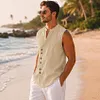 Men's Linen Sleeveless Vest, Casual Button Front Beach Shirt, Summer Vacation Top by Inlyline