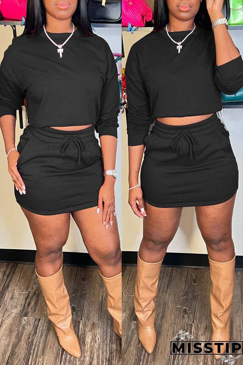 Army Green Casual Solid Patchwork O Neck Long Sleeve Two Pieces