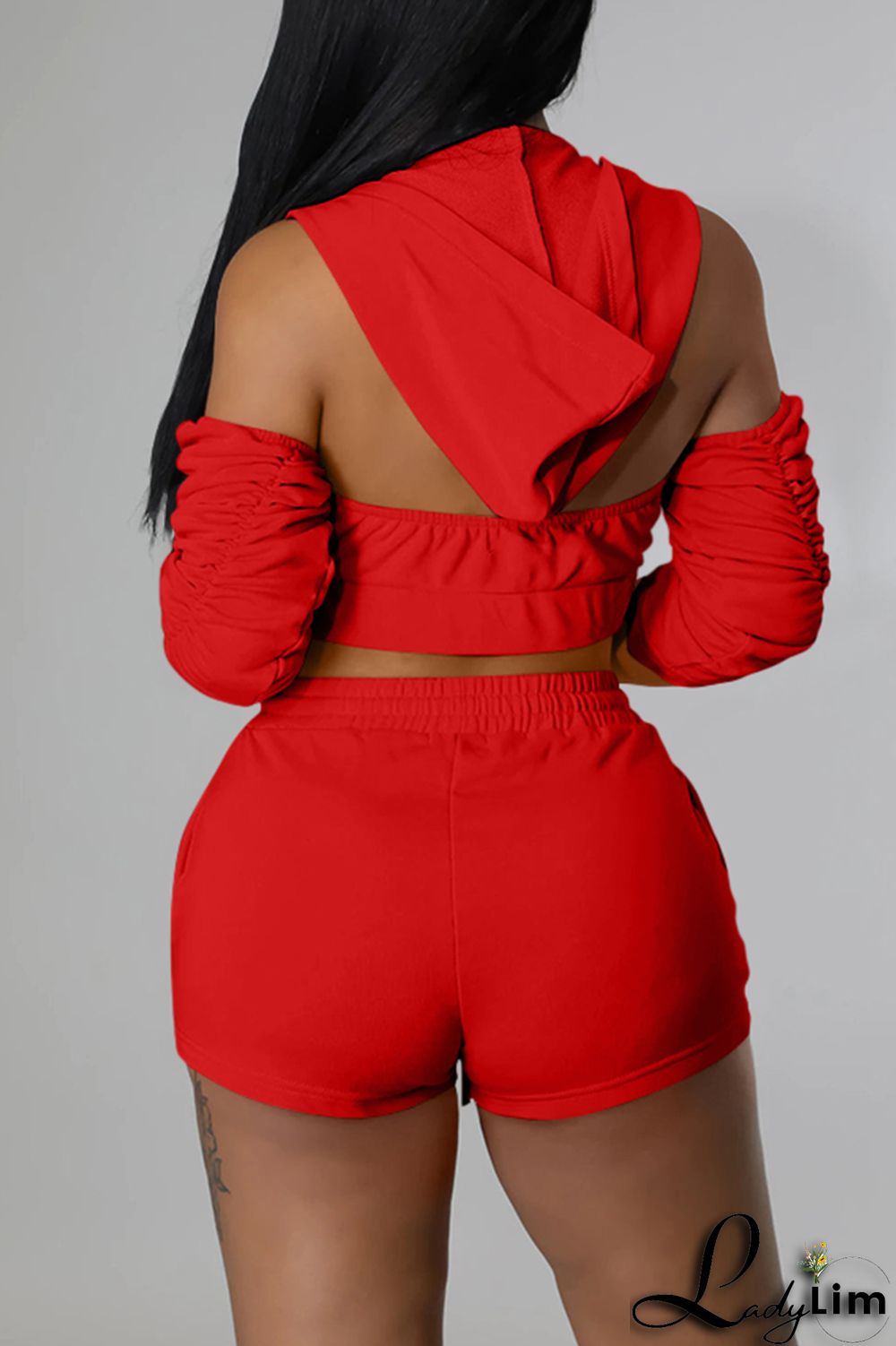 Black Sexy Print Patchwork Hooded Collar Three Quarter Two Pieces