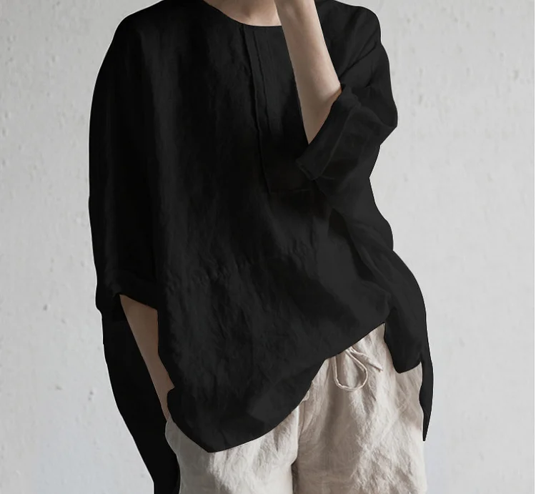 Round Neck Cotton Linen Back Half Sleeve Casual Pullover T-Shirt