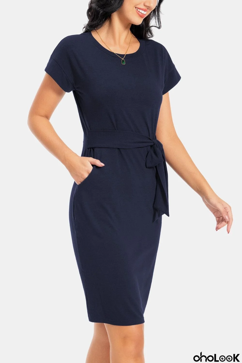 Tie Front Round Neck Short Sleeve Dress