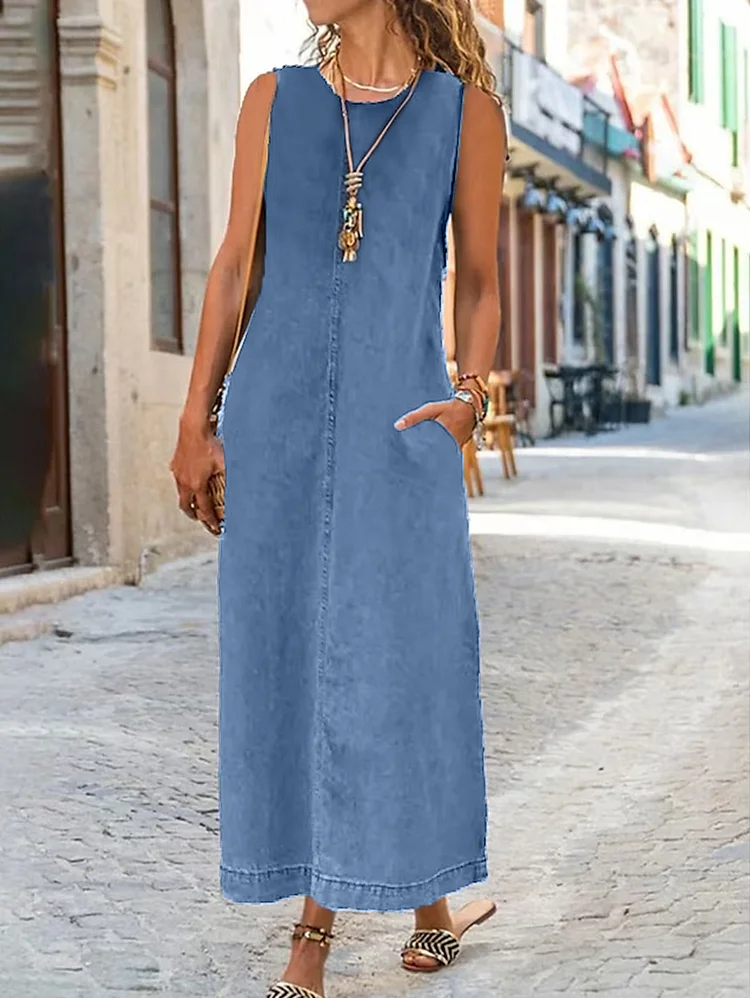 Casual Plain Crew Neck Sleeveless Pocket Denim Midi Tank Dress
