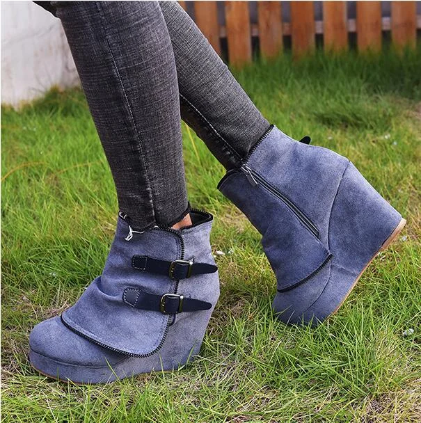 Fashion Ankle Boots for Women Suede Wedges Zipper Solid Color Short Booties Round Toe Shoes Boots-women  Dropshipping 2020