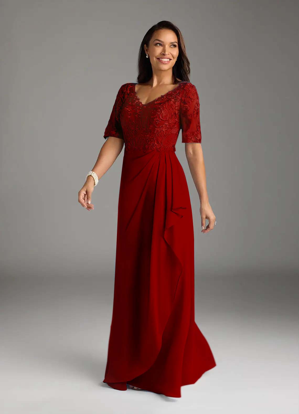 Lussooy A-Line V-Neck Chiffon Short Sleeves Floor-Length Mother of The Bride Dresses