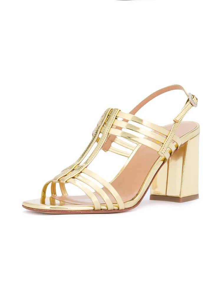Gold Block Heel Sandals T Strap Slingback Heels |FSJ Shoes