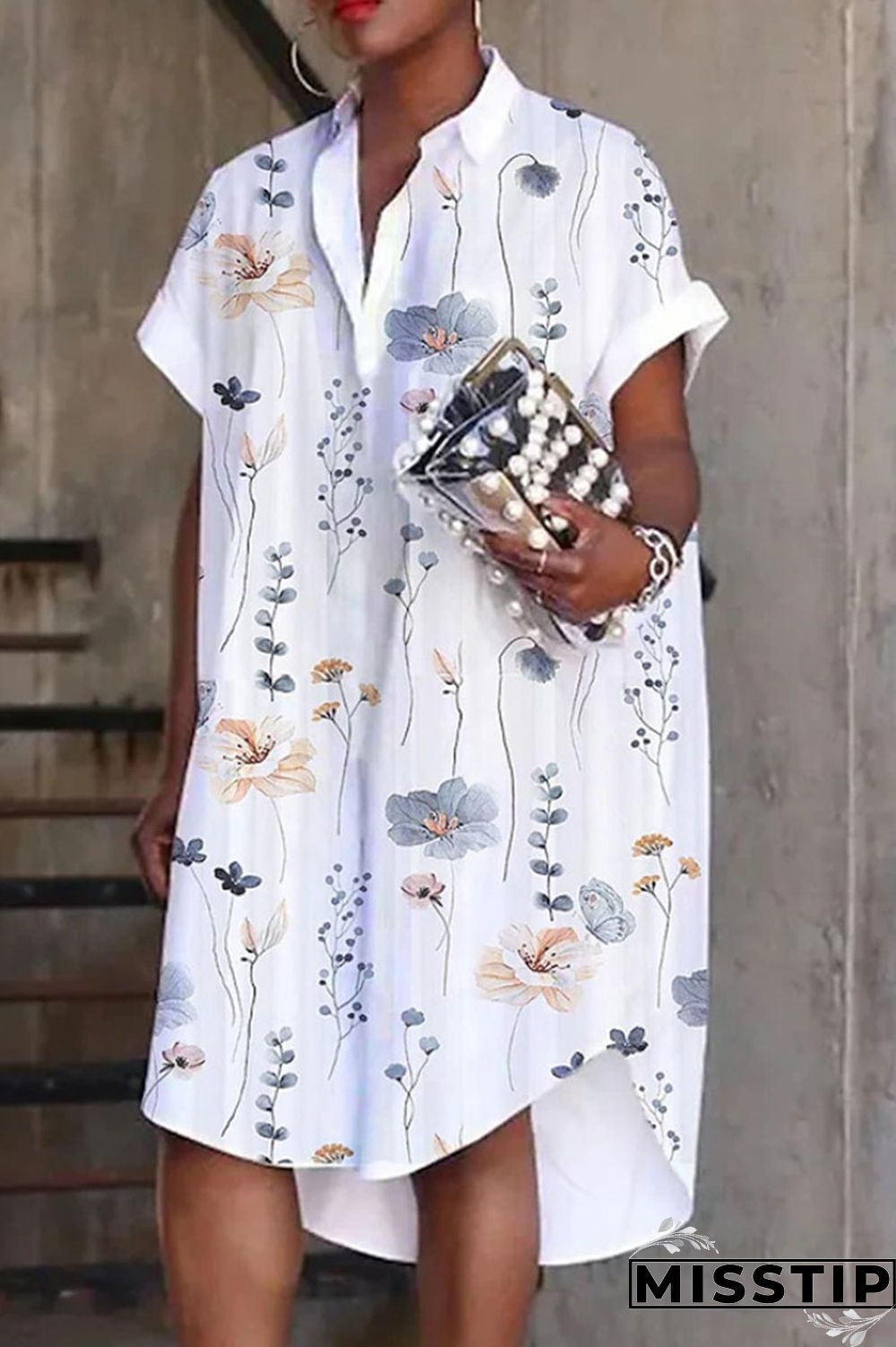 Black White Casual Print Patchwork Buckle Turndown Collar Shirt Dress Dresses