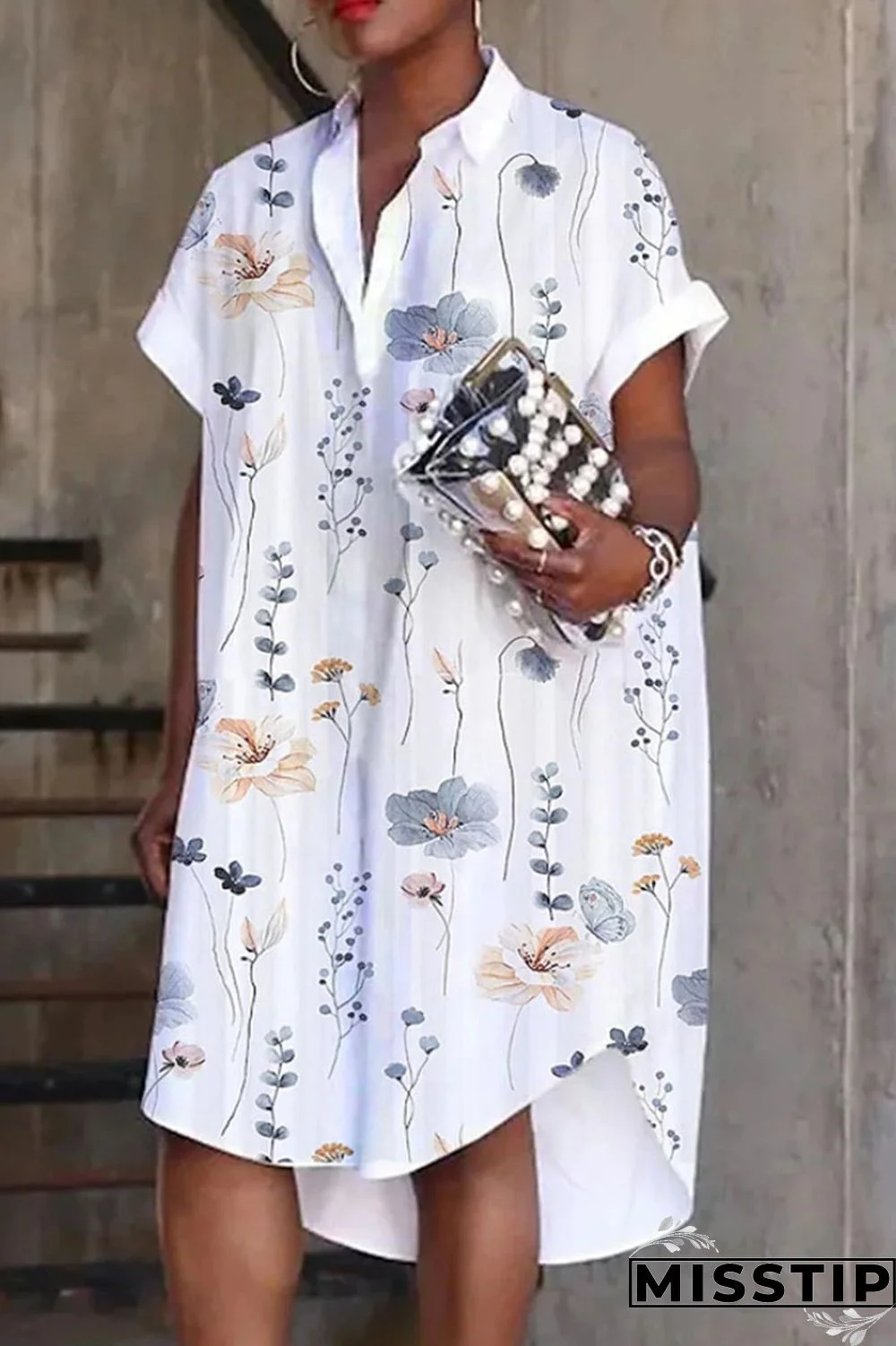 Black White Casual Print Patchwork Buckle Turndown Collar Shirt Dress Dresses