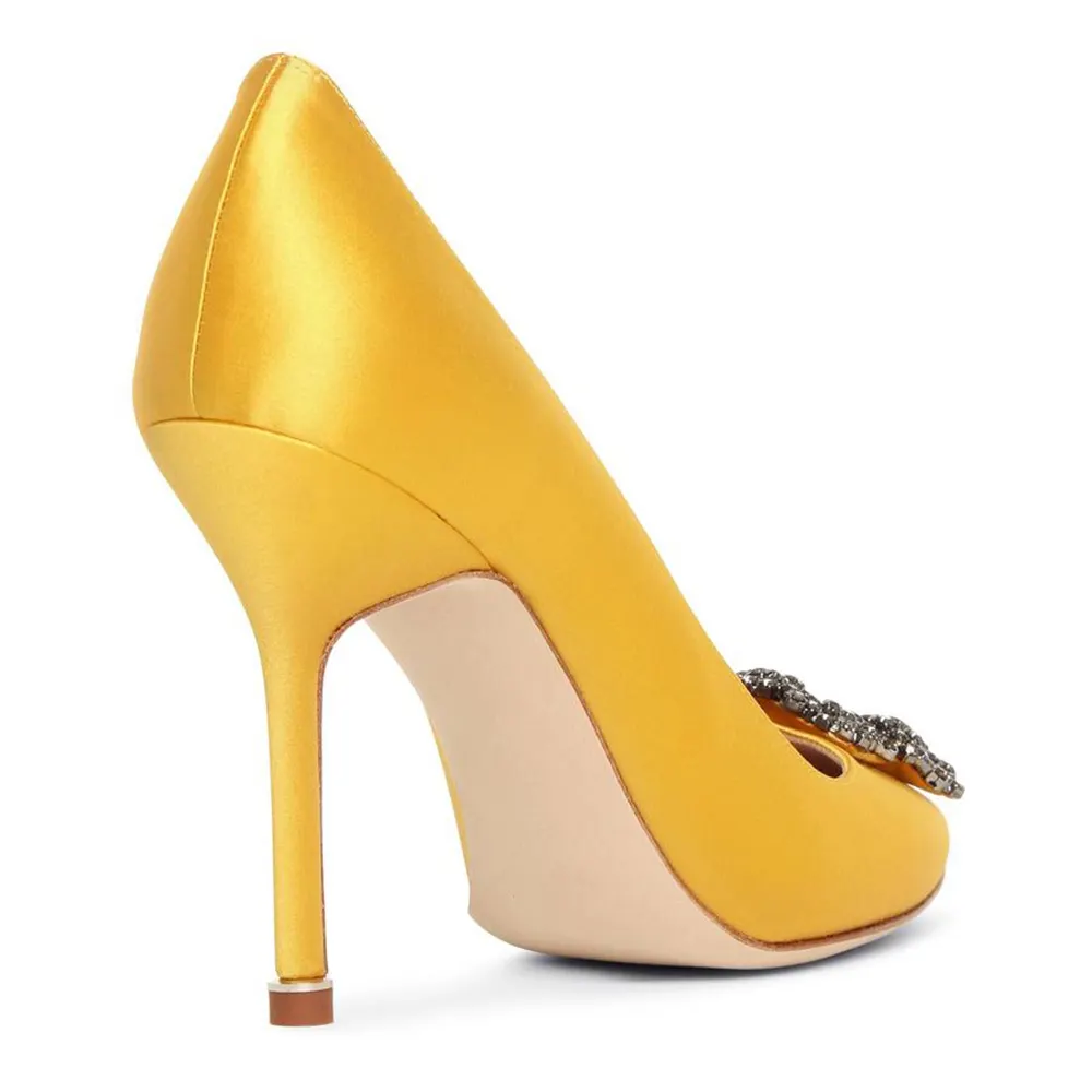 100mm Women's Slik Shoes Diamond Party Wedding Yellow Pumps-vocosishoes