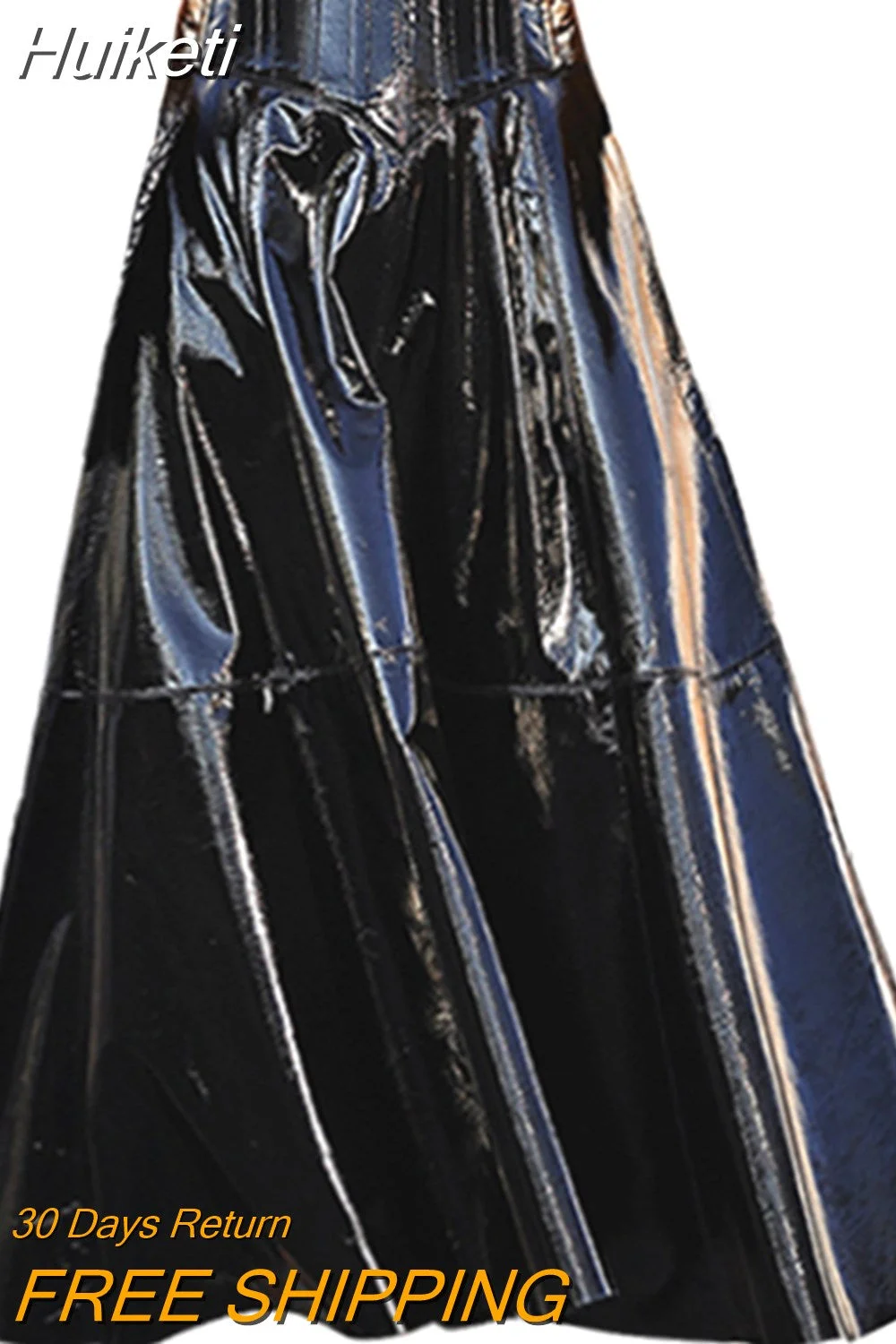 Huiketi Spring Long Black Reflective Patent Leather Skirt Women Zipper High Waist 2023 Midi Skirts Korean Style Fashion Clothing