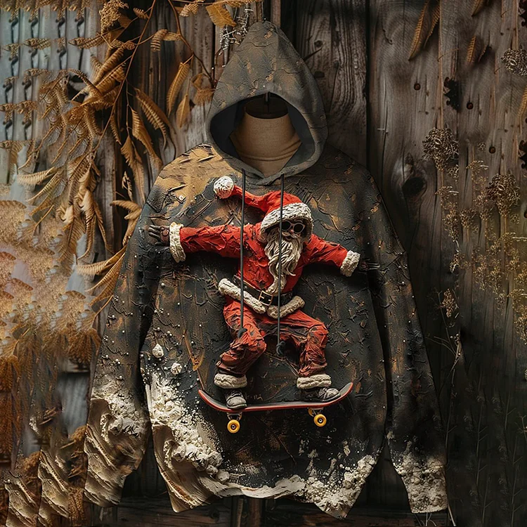Men's Santa Claus Skateboard Sculpture Art Print Hooded Sweatshirt