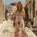 Vintage Boho Floral Pattern Comfy Linen Maxi Dress - Image 2