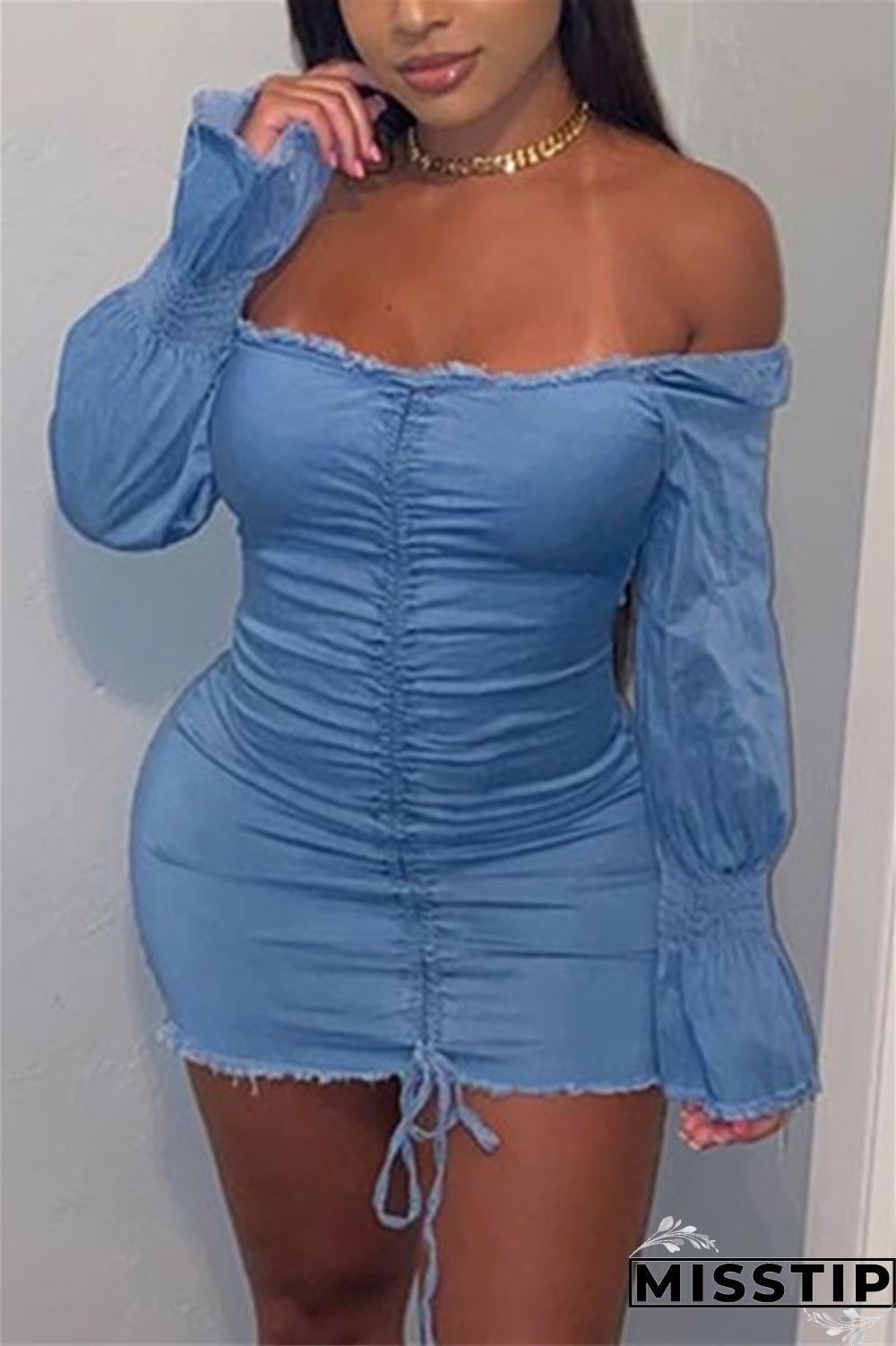 Blue Sexy Off The Shoulder Short Sleeves One word collar Pencil Dress Mini Print Solid Dresses