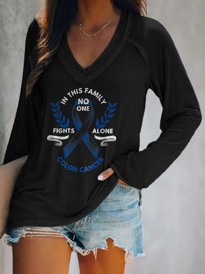 In This Family No One Fights Alone Colon Cancer Print T-Shirt socialshop