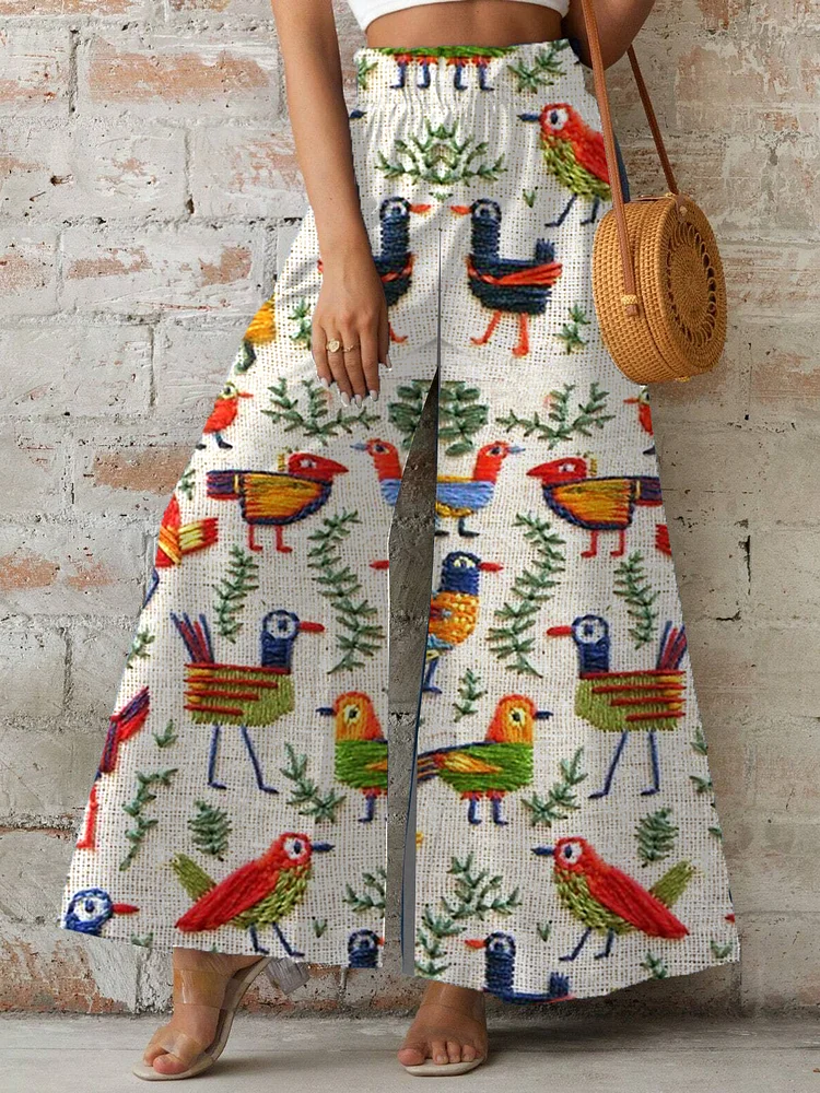 Women's Boho Bird Floral Embroidery Print Elastic Waist Pants
