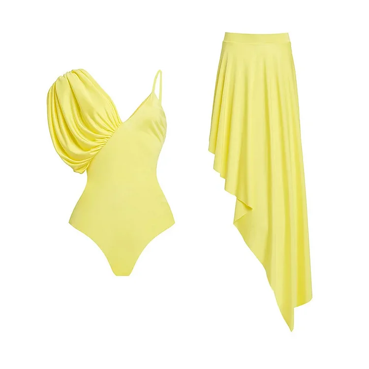 Asymmetrical Sling Solid Color One Piece Swimsuit and Skirt