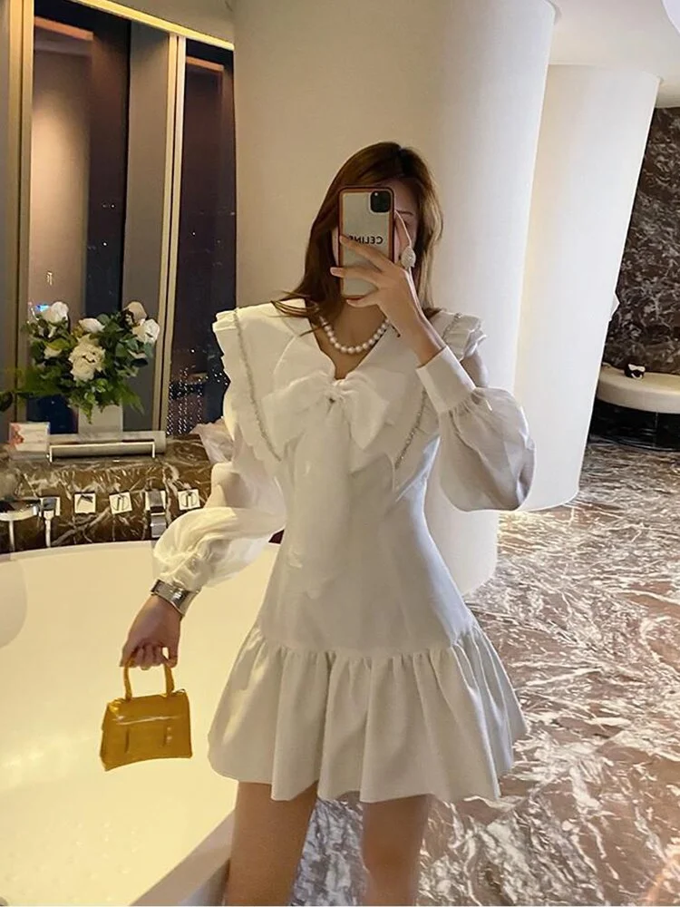French Elegant Dress 2023 Spring Design Edible Tree Fungus Bow A-LINE High Waist Party Dress Preppy Style Date Sweet Streetwear