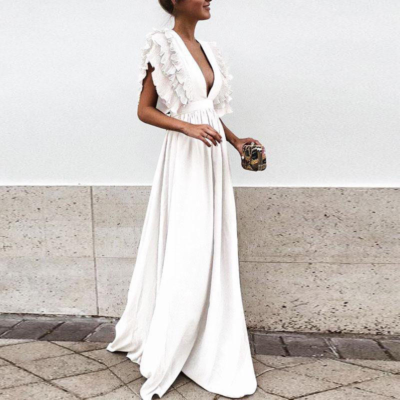 Fashion Party Deep V Neck Elegant Flying Sleeves Backless Maxi Evening Dress